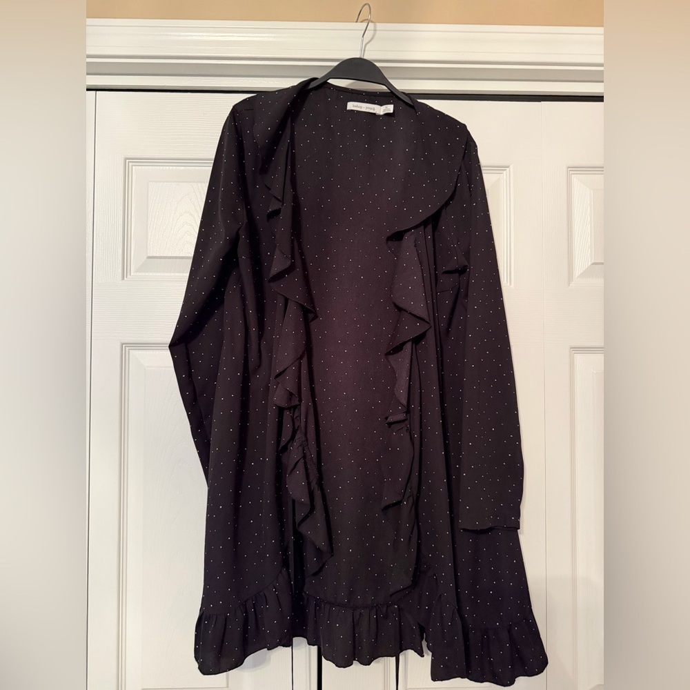 bishop + young black wrap dress with white polka dots